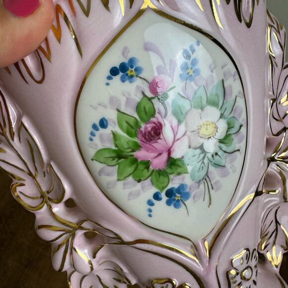 Vintage Osborne Bone‎ China hand painted 22K Gold accent Floral Pink Vase - Picture 2 of 8